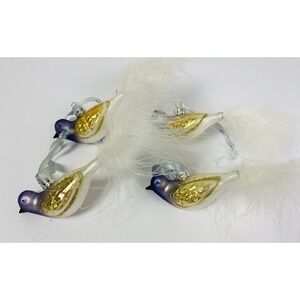 Blown Glass Bird Ornaments Set Of 4 Matching White Feather Tail Purple Gold